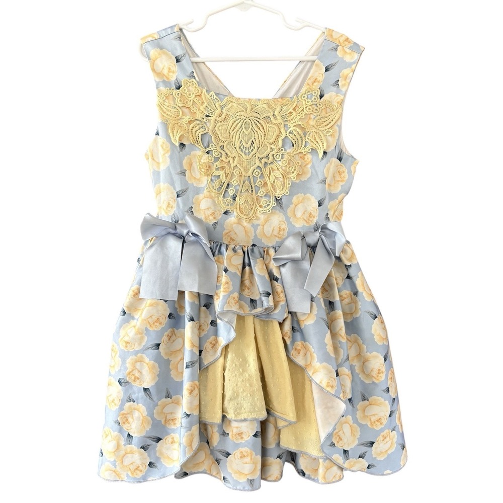 Pettigirl Spring Floral Dress Girls 8 Blue‎ Yellow Lace Mixed Fabric Easter